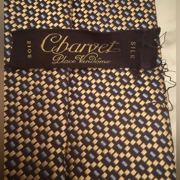 Charvet Silk Navy, Pale Blue and Beige/Gold Geometric Tie Excellent Condition